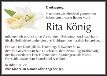 Traueranzeige von Rita König von Mitteldeutsche Zeitung Merseburg/Querfurt