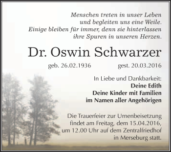 Traueranzeige von Oswin Schwarzer von WVG - Wochenspiegel Merseburg