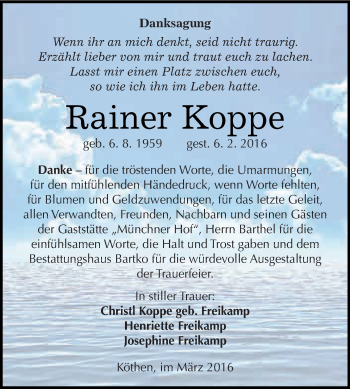 Traueranzeige von Rainer Koppe von WVG - Wochenspiegel Dessau / Köthen
