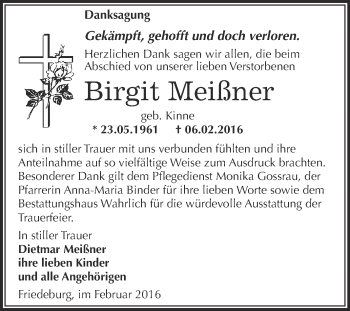 Traueranzeige von Birgit Meißner von Wochenspiegel Mansfelder Land