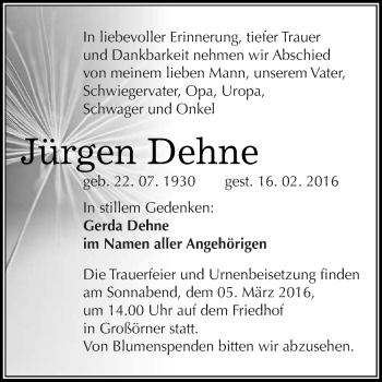 Traueranzeige von Jürgen Dehne von Wochenspiegel Mansfelder Land