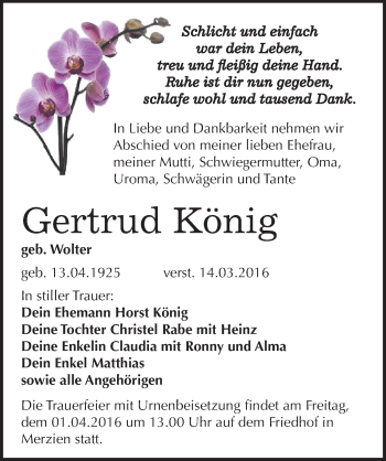 Traueranzeige von Gertrud König von Mitteldeutsche Zeitung Köthen
