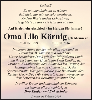 Traueranzeige von Lilo Körnig von Mitteldeutsche Zeitung Dessau-Roßlau