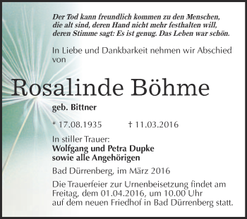 Traueranzeige von Rosalinde Böhme von Super Sonntag Merseburg