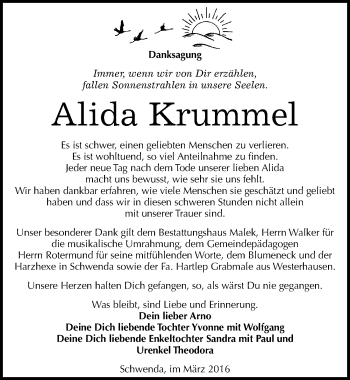 Traueranzeige von Alida Krummel von Mitteldeutsche Zeitung Sangerhausen