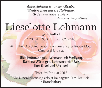 Traueranzeige von Lieselotte Lehmann von Mitteldeutsche Zeitung Wittenberg