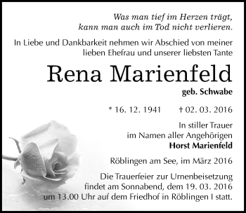 Traueranzeige von Rena Marienfeld von Mitteldeutsche Zeitung Mansfelder Land