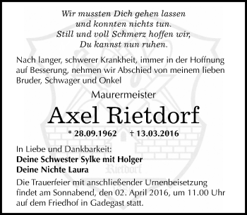 Traueranzeige von Axel Rietdorf von Mitteldeutsche Zeitung Wittenberg