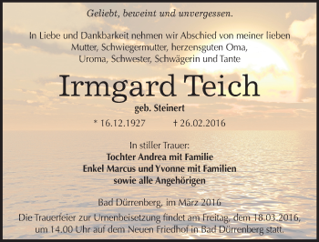 Traueranzeige von Irmgard Teich von Mitteldeutsche Zeitung Merseburg/Querfurt
