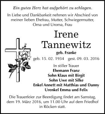 Traueranzeige von Irene Tannewitz von Mitteldeutsche Zeitung Weißenfels