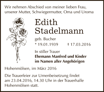 Traueranzeige von Edith Stadelmann von WVG - Wochenspiegel NMB / WSF / ZTZ