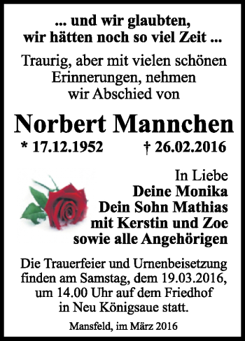 Traueranzeige von Norbert Mannchen von WVG - Wochenspiegel Quedlinburg