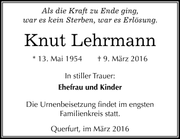 Traueranzeige von Knut Lehrmann von WVG - Wochenspiegel Merseburg