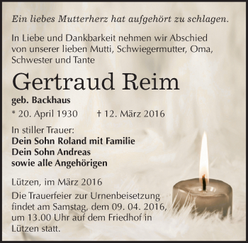 Traueranzeige von Gertraud Reim von Mitteldeutsche Zeitung Weißenfels