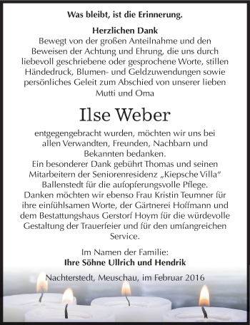 Traueranzeige von Ilse Weber von Mitteldeutsche Zeitung Aschersleben