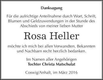 Traueranzeige von Rosa Heller von Super Sonntag Wittenberg
