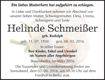 Traueranzeige von Helinde Schmeißer von Mitteldeutsche Zeitung Merseburg/Querfurt