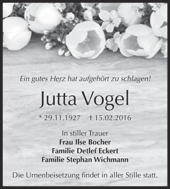 Traueranzeige von Jutta Vogel von WVG - Wochenspiegel NMB / WSF / ZTZ