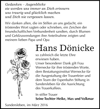 Traueranzeige von Hans Dönicke von Mitteldeutsche Zeitung Mansfelder Land