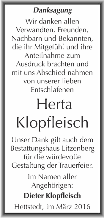 Traueranzeige von Herta Klopfleisch von Wochenspiegel Mansfelder Land