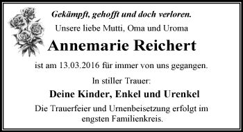Traueranzeige von Annemarie Reichert von Mitteldeutsche Zeitung Dessau-Roßlau
