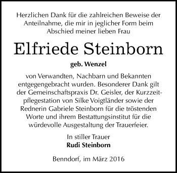Traueranzeige von Elfriede Steinborn von Mitteldeutsche Zeitung Mansfelder Land