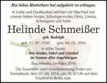 Traueranzeige von Helinde Schmeißer von WVG - Wochenspiegel Merseburg