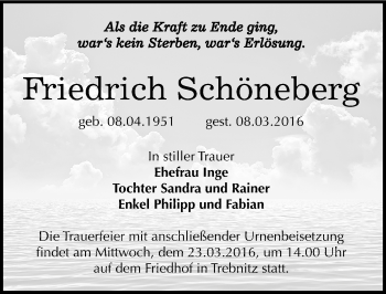 Traueranzeige von Friedrich Schöneberg von Mitteldeutsche Zeitung Bernburg