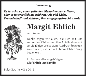 Traueranzeige von Margit Ehlich von WVG - Wochenspiegel NMB / WSF / ZTZ
