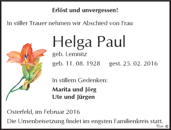 Traueranzeige von Helga Paul von Mitteldeutsche Zeitung Zeitz