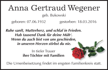 Traueranzeige von Anna Gertraud Wegener von Mitteldeutsche Zeitung Bernburg