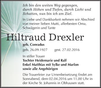 Traueranzeige von Hiltraud Drexler von Mitteldeutsche Zeitung Merseburg/Querfurt