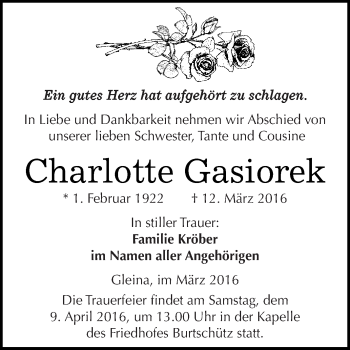Traueranzeige von Charlotte Gasiorek von Super Sonntag Zeitz