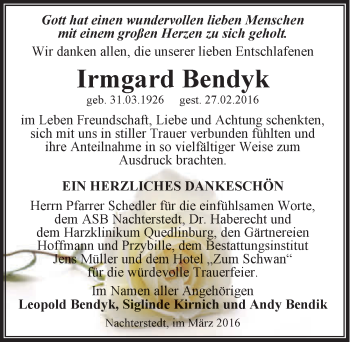 Traueranzeige von Irmgard Bendyk von Mitteldeutsche Zeitung Aschersleben
