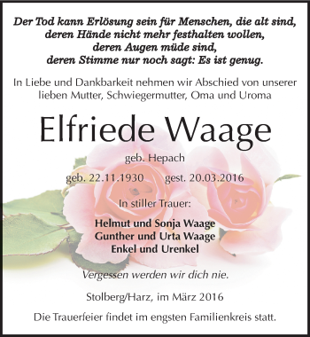 Traueranzeige von Elfriede Waage von Mitteldeutsche Zeitung Sangerhausen