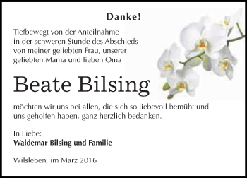 Traueranzeige von Beate Bilsing von Super Sonntag Aschersleben