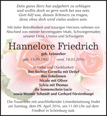 Traueranzeige von Hannelore Friedrich von Mitteldeutsche Zeitung Naumburg/Nebra