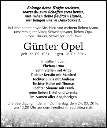 Traueranzeige von Günter Opel von Mitteldeutsche Zeitung Naumburg/Nebra