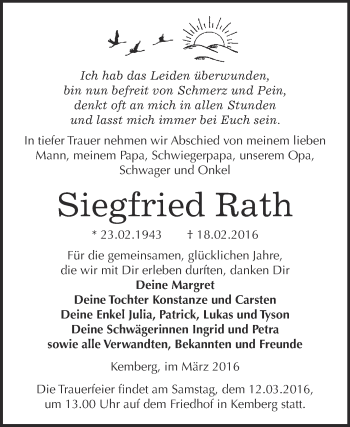 Traueranzeige von Siegfried Rath von WVG - Wochenspiegel Bitterfeld