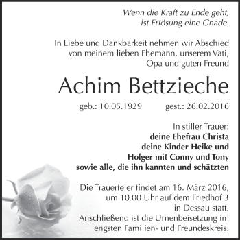 Traueranzeige von Achim Bettzieche von WVG - Wochenspiegel Dessau / Köthen