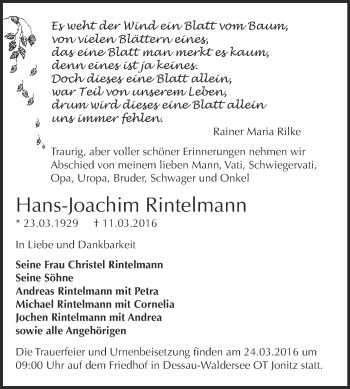 Traueranzeige von Hans-Joachim Rintelmann von WVG - Wochenspiegel Dessau / Köthen