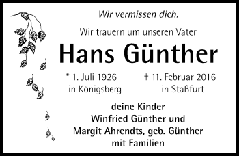 Traueranzeige von Hans Gnther von Mitteldeutsche Zeitung Bernburg