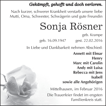 Traueranzeige von Sonja Rösner von WVG - Wochenspiegel SGH