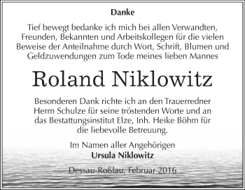 Traueranzeige von Roland Niklowitz von WVG - Wochenspiegel Dessau / Köthen