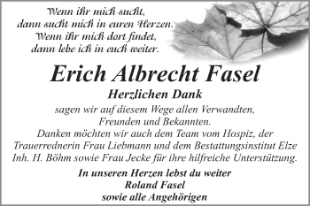 Traueranzeige von Erich Albrecht Fasel von WVG - Wochenspiegel Dessau / Köthen