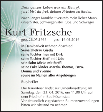 Traueranzeige von Kurt Fritzsche von Mitteldeutsche Zeitung Naumburg/Nebra