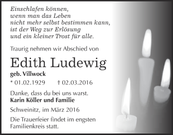 Traueranzeige von Edith Ludewig von WVG - Wochenspiegel Wittenberg
