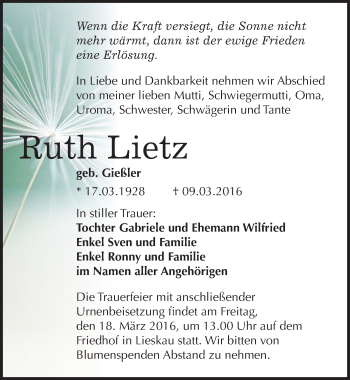 Traueranzeige von Ruth Lietz von Mitteldeutsche Zeitung Halle/Saalkreis