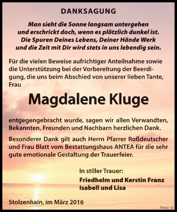 Traueranzeige von Magdalene Kluge von Mitteldeutsche Zeitung Zeitz