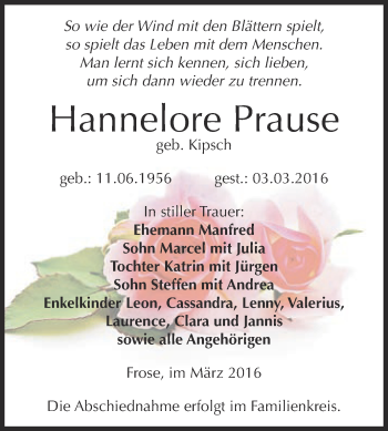 Traueranzeige von Hannelore Prause von Super Sonntag Aschersleben